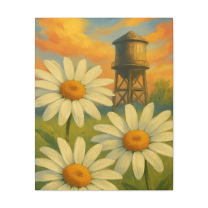Daisies & Water Tower Matte Stretched Canvas Wall Art — 1.25"