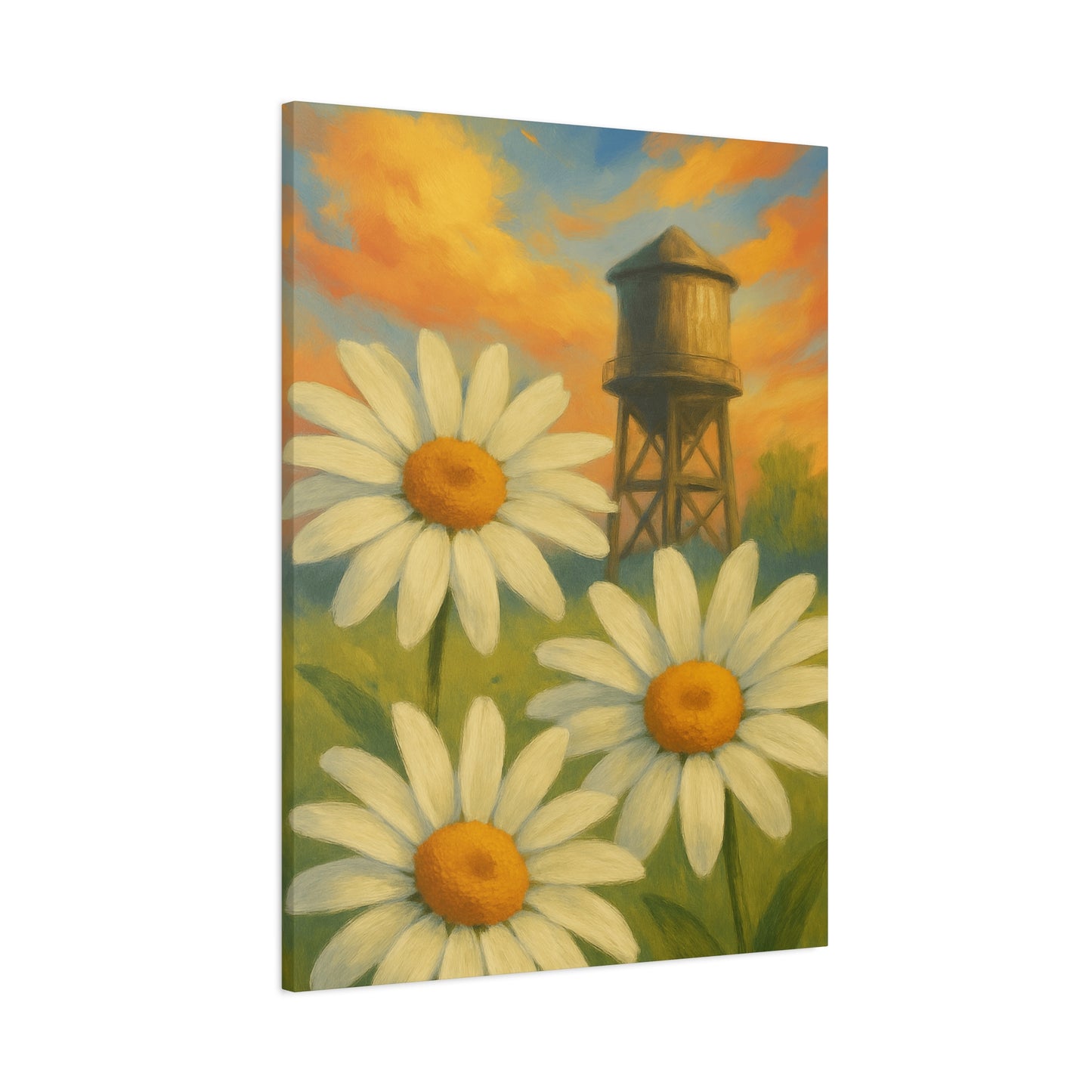 Daisies & Water Tower Matte Stretched Canvas Wall Art — 1.25"
