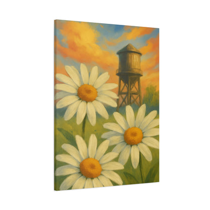 Daisies & Water Tower Matte Stretched Canvas Wall Art — 1.25"