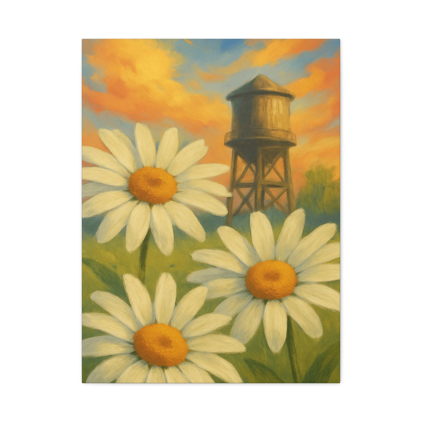 Daisies & Water Tower Matte Stretched Canvas Wall Art — 1.25"