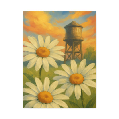 Daisies & Water Tower Matte Stretched Canvas Wall Art — 1.25"