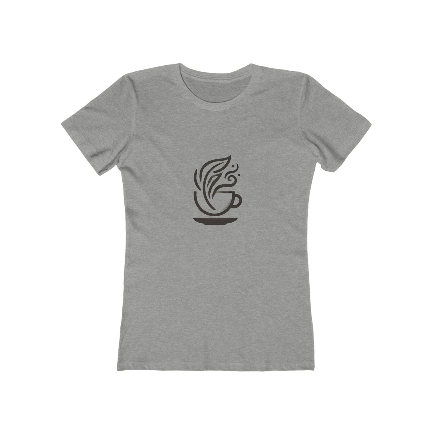 Gray-Minimalist coffee cup and leaves design on a Bella+Canvas boyfriend tee