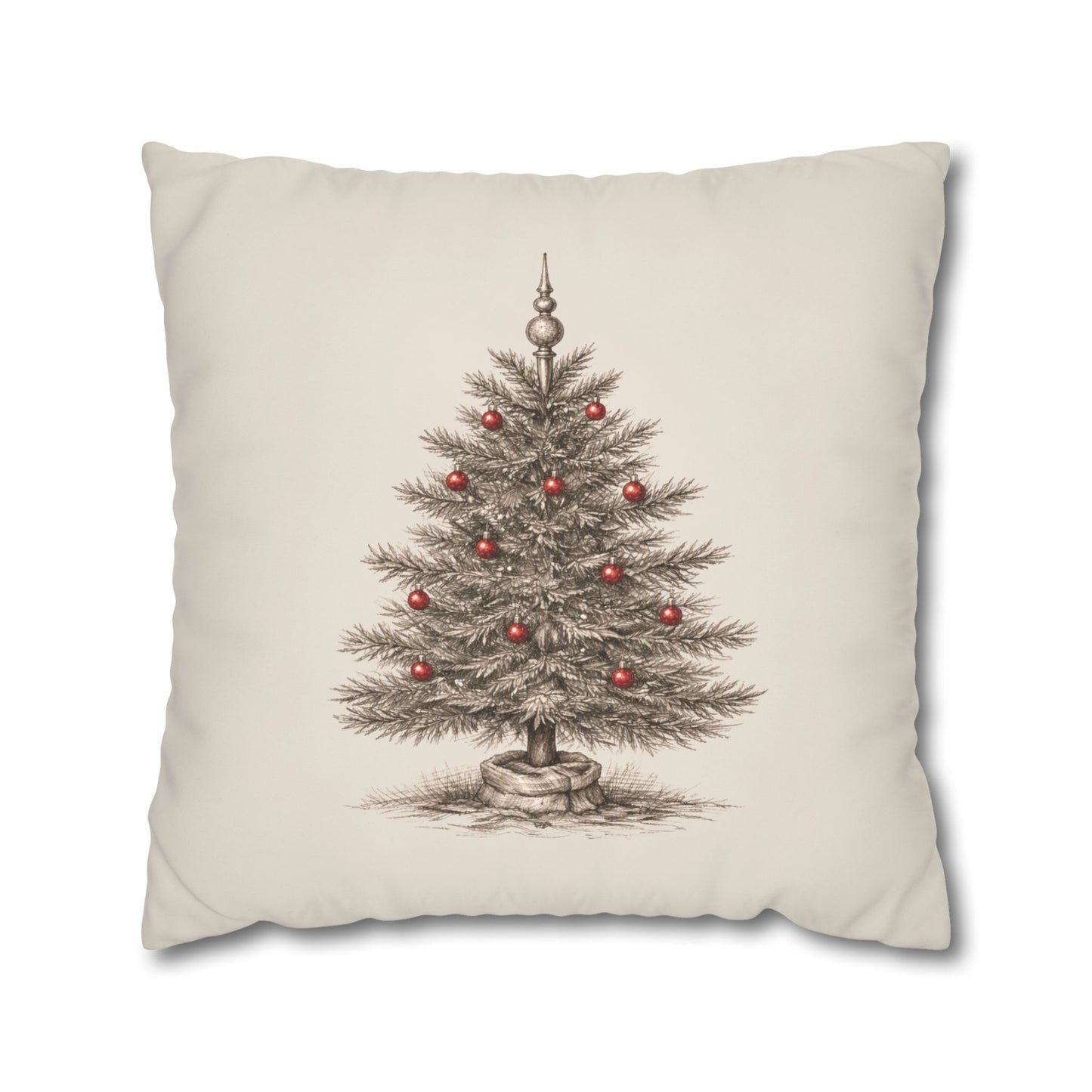 A Vintage Christmas Tree Pillow Cover in Natural Canvas with a Hand-Drawn Pencil Sketch