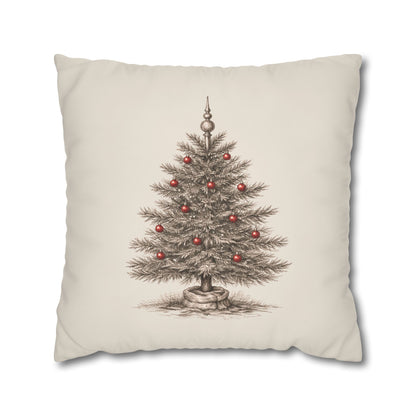A Vintage Christmas Tree Pillow Cover in Natural Canvas with a Hand-Drawn Pencil Sketch