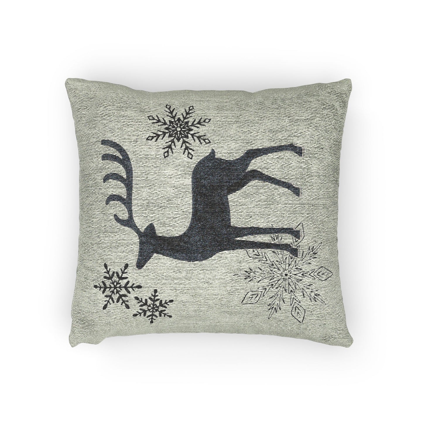 Sage Green Reindeer and Snowflakes Woven Pillow | Holiday Deer Throw Pillow