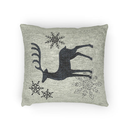 Sage Green Reindeer and Snowflakes Woven Pillow | Holiday Deer Throw Pillow