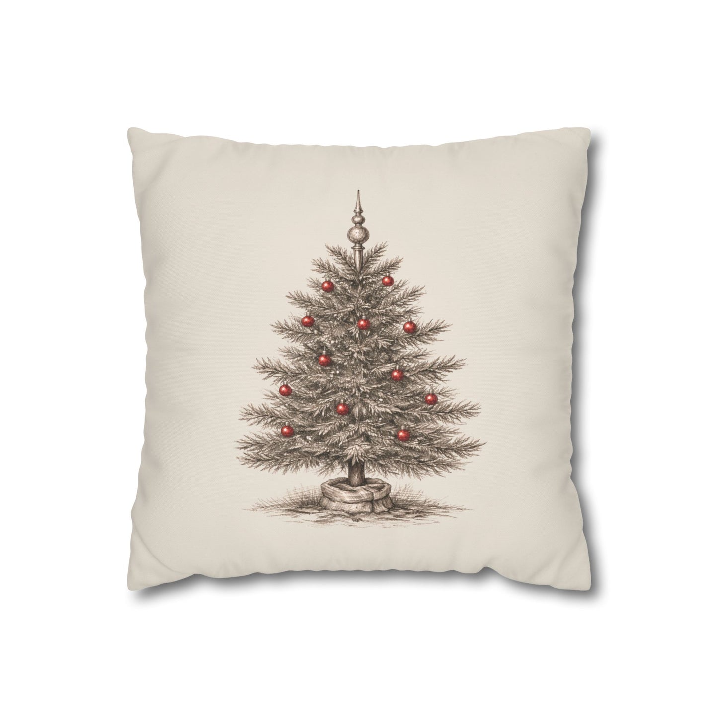A Vintage Christmas Tree Pillow Cover in Natural Canvas with a Hand-Drawn Pencil Sketch
