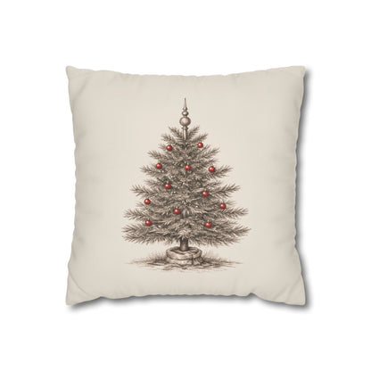 A Vintage Christmas Tree Pillow Cover in Natural Canvas with a Hand-Drawn Pencil Sketch