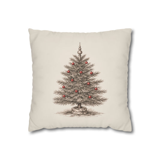 A Vintage Christmas Tree Pillow Cover in Natural Canvas with a Hand-Drawn Pencil Sketch