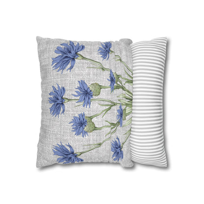 Blue Cornflower Bloom Pillow Cover – Botanical Linen-Style Accent for Couch or Bed