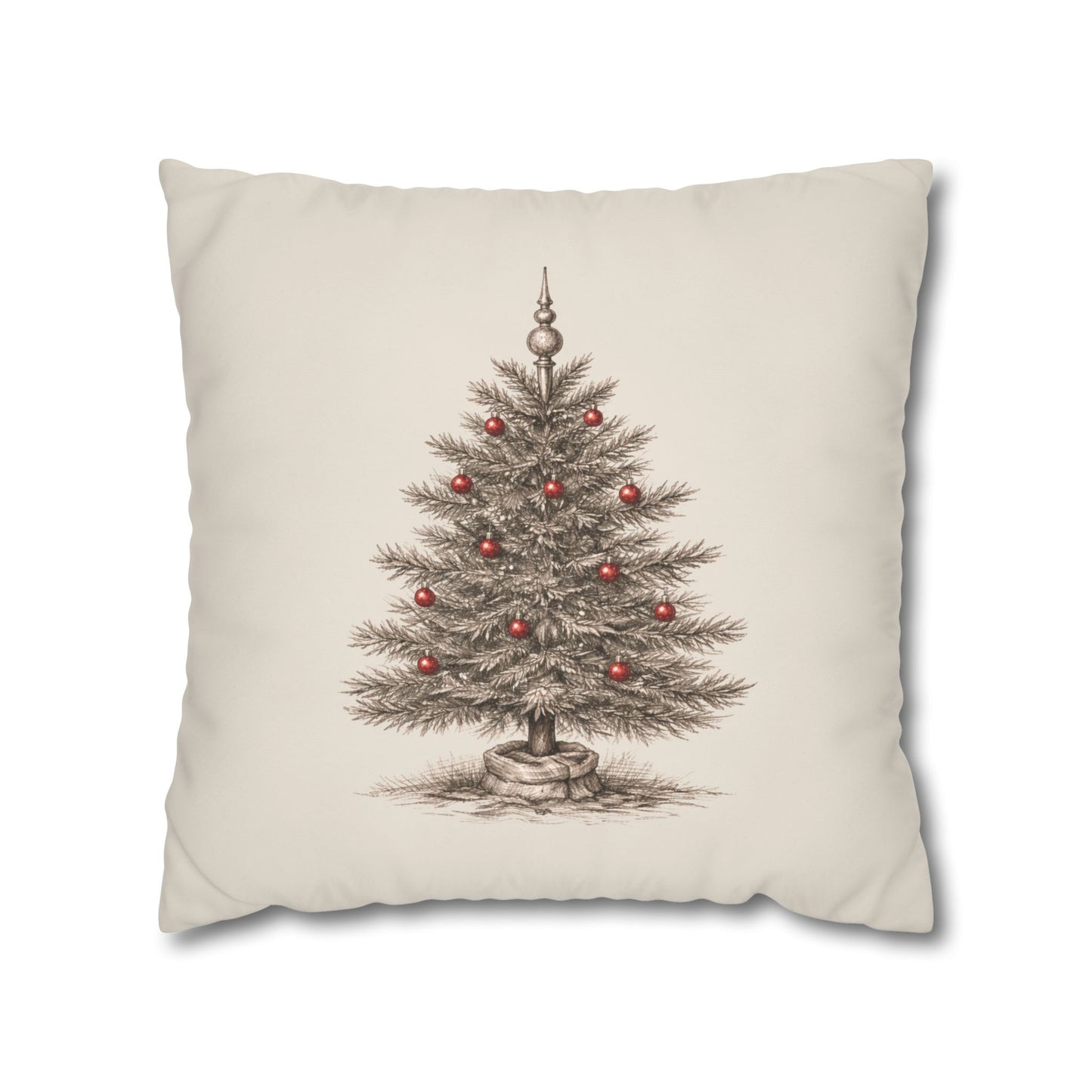 A Vintage Christmas Tree Pillow Cover in Natural Canvas with a Hand-Drawn Pencil Sketch