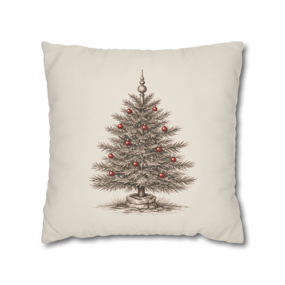 A Vintage Christmas Tree Pillow Cover in Natural Canvas with a Hand-Drawn Pencil Sketch