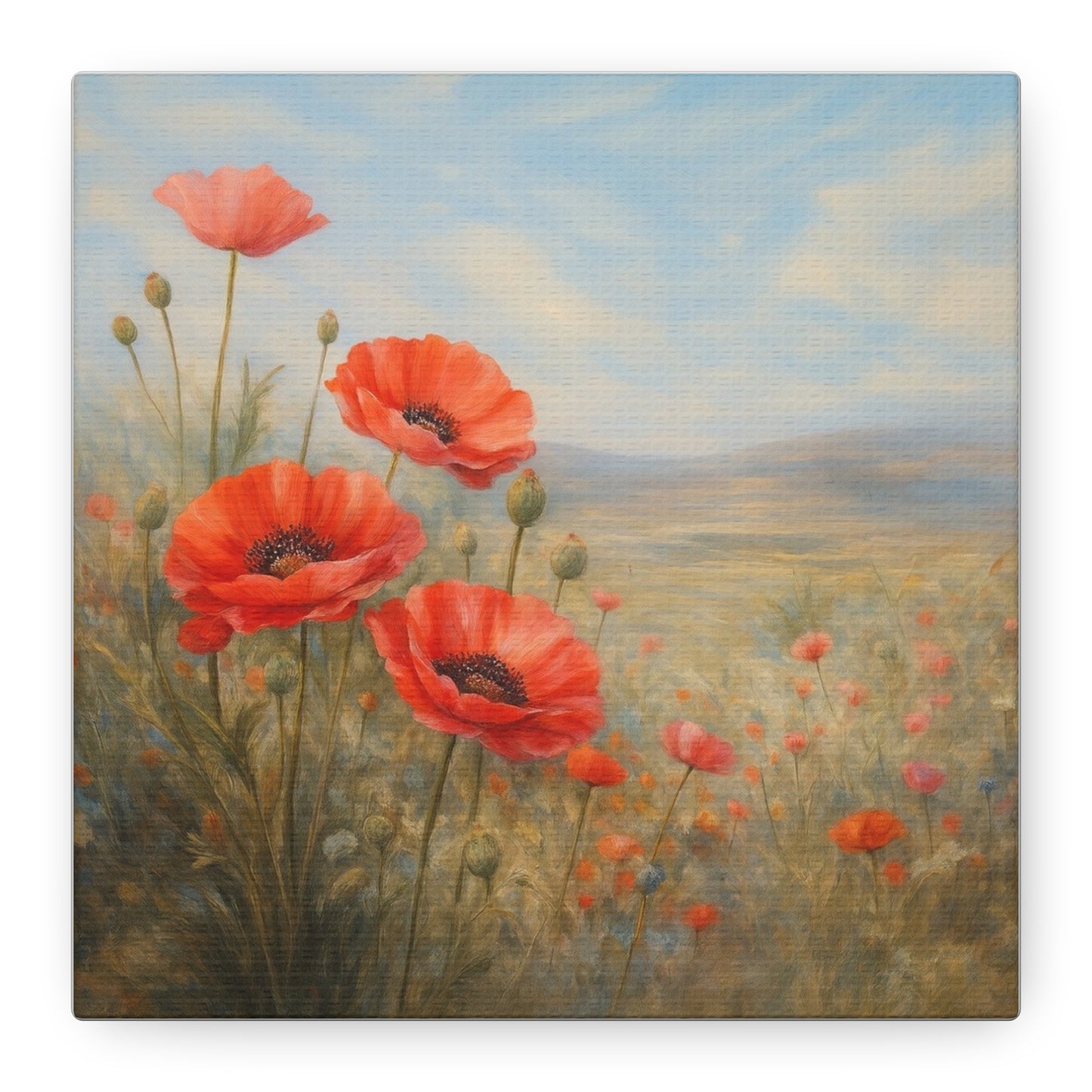 Poppy Field Wall Art, Red Poppy Canvas Print, Floral Landscape Artwork, Botanical Home Decor, Large Neutral Living Room Art