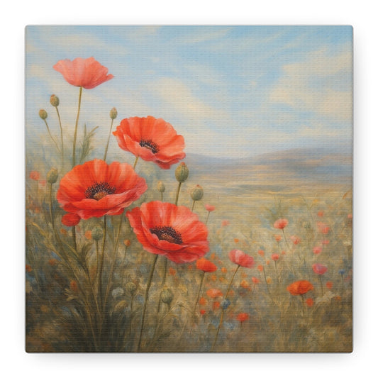 Poppy Field Wall Art, Red Poppy Canvas Print, Floral Landscape Artwork, Botanical Home Decor, Large Neutral Living Room Art