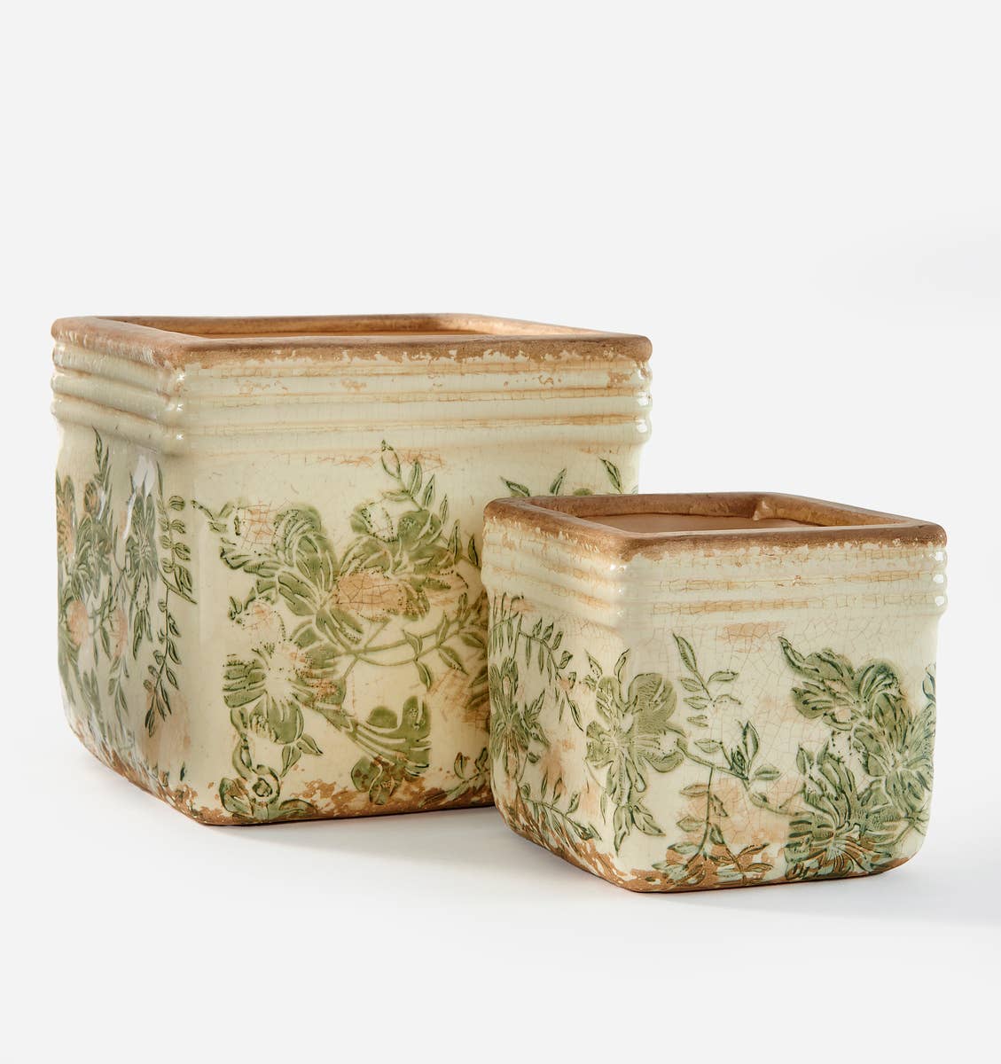 Vintage Stoneware Botanical Planter – Antiqued Square Pot for Timeless Decor