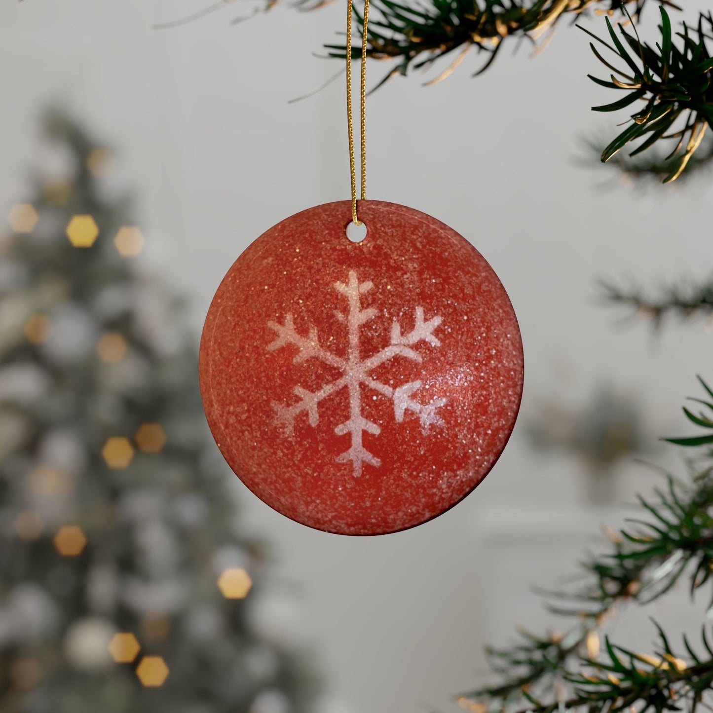 Red, sparkly snowflake ornament with classic Christmas charm