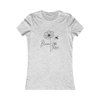 Gray-Bloom & Bee Minimalist Floral T-Shirt – Women’s Cute Nature-Inspired Tee