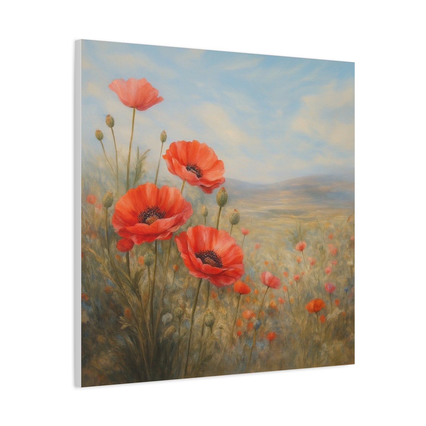Poppy Field Wall Art, Red Poppy Canvas Print, Floral Landscape Artwork, Botanical Home Decor, Large Neutral Living Room Art