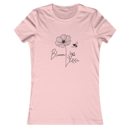 Pink-Bloom & Bee Minimalist Floral T-Shirt – Women’s Cute Nature-Inspired Tee