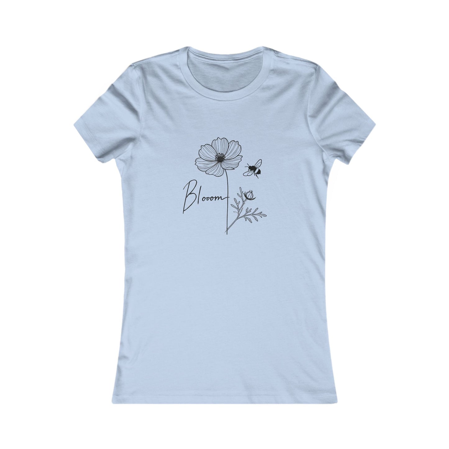 Light Blue-Bloom & Bee Minimalist Floral T-Shirt – Women’s Cute Nature-Inspired Tee