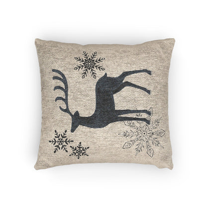 Warm Oatmeal Reindeer and Snowflakes Woven Pillow | Holiday Deer Throw Pillow