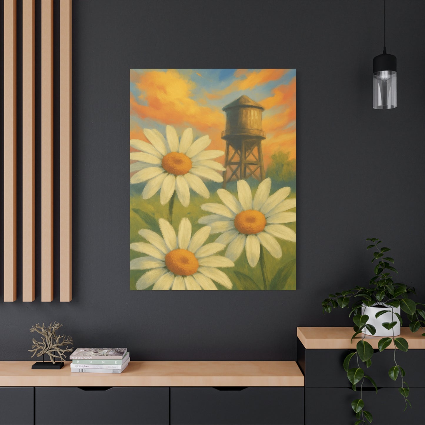 Daisies & Water Tower Matte Stretched Canvas Wall Art — 1.25"