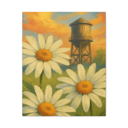 Daisies & Water Tower Matte Stretched Canvas Wall Art — 1.25"