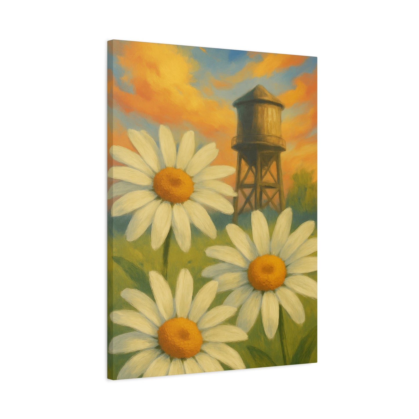 Daisies & Water Tower Matte Stretched Canvas Wall Art — 1.25"