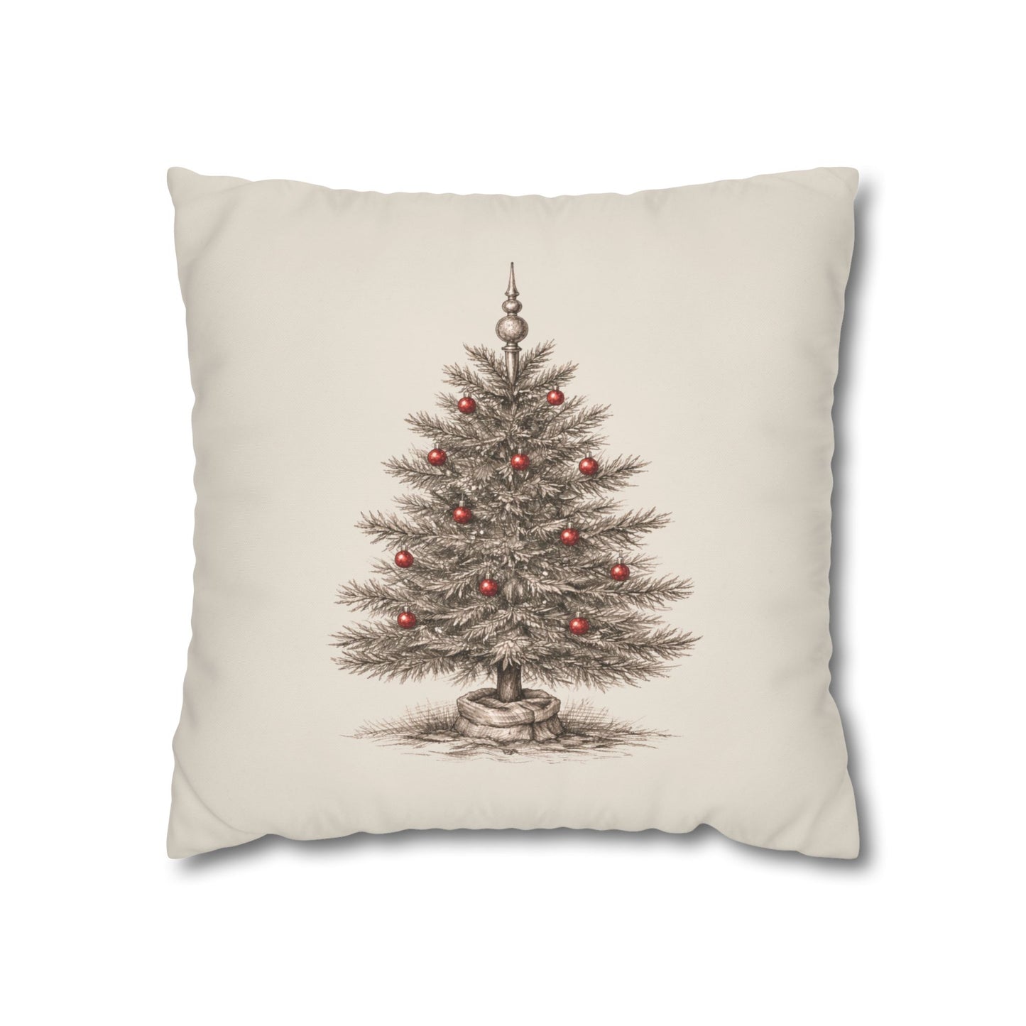 A Vintage Christmas Tree Pillow Cover in Natural Canvas with a Hand-Drawn Pencil Sketch