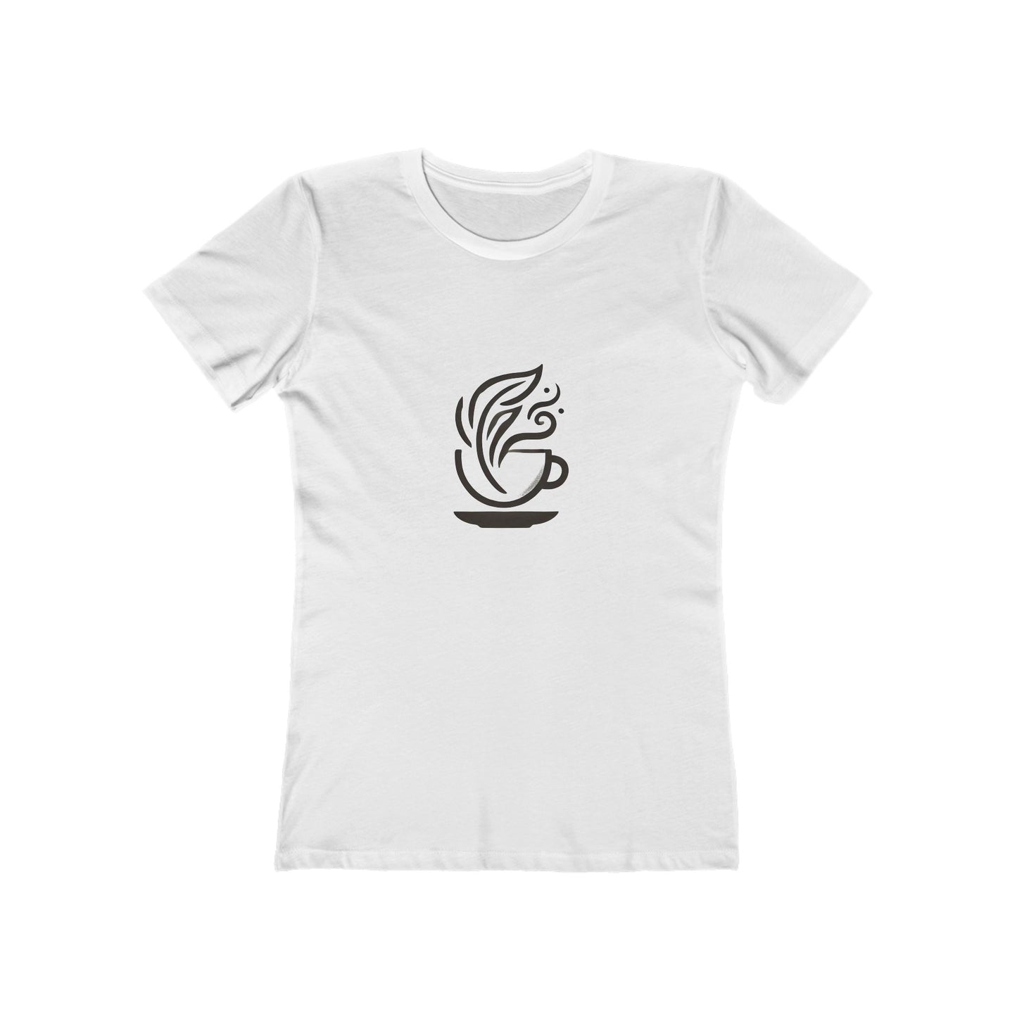 White-Minimalist coffee cup and leaves design on a Bella+Canvas boyfriend tee