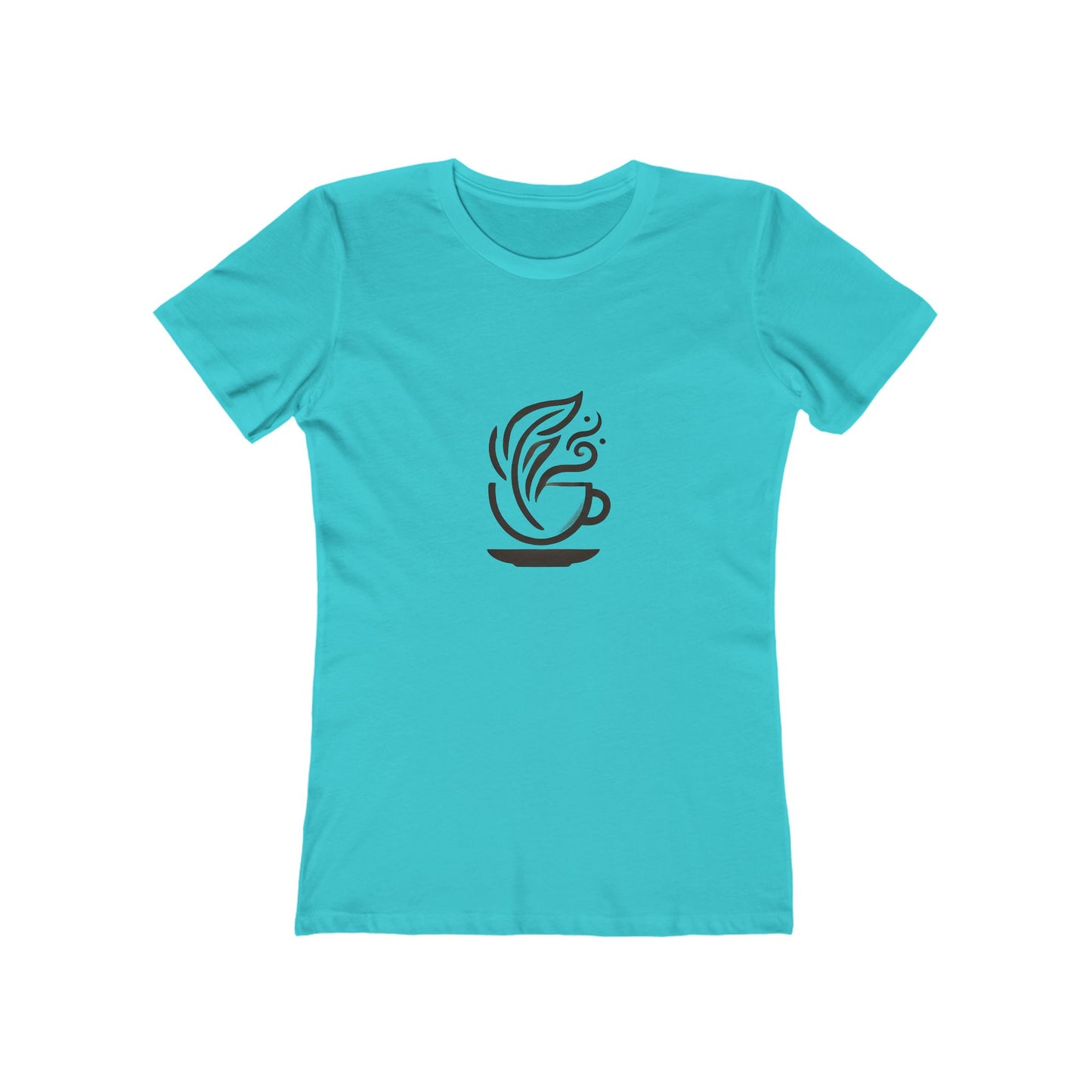 Turquoise-Minimalist coffee cup and leaves design on a Bella+Canvas boyfriend tee
