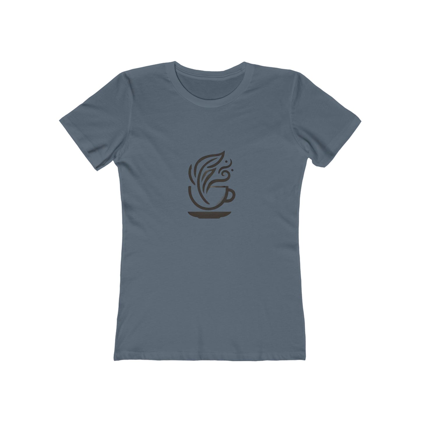 Indigo-Minimalist coffee cup and leaves design on a Bella+Canvas boyfriend tee