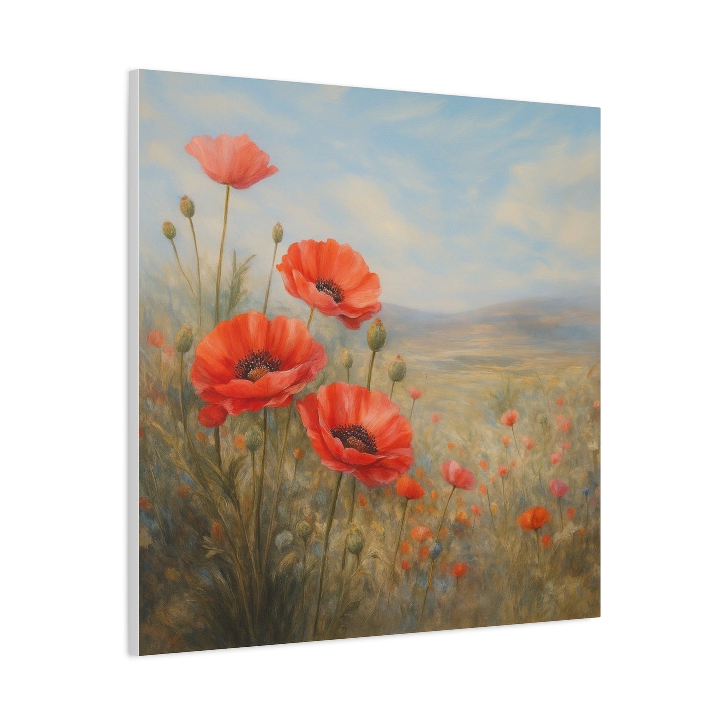 Poppy Field Wall Art, Red Poppy Canvas Print, Floral Landscape Artwork, Botanical Home Decor, Large Neutral Living Room Art