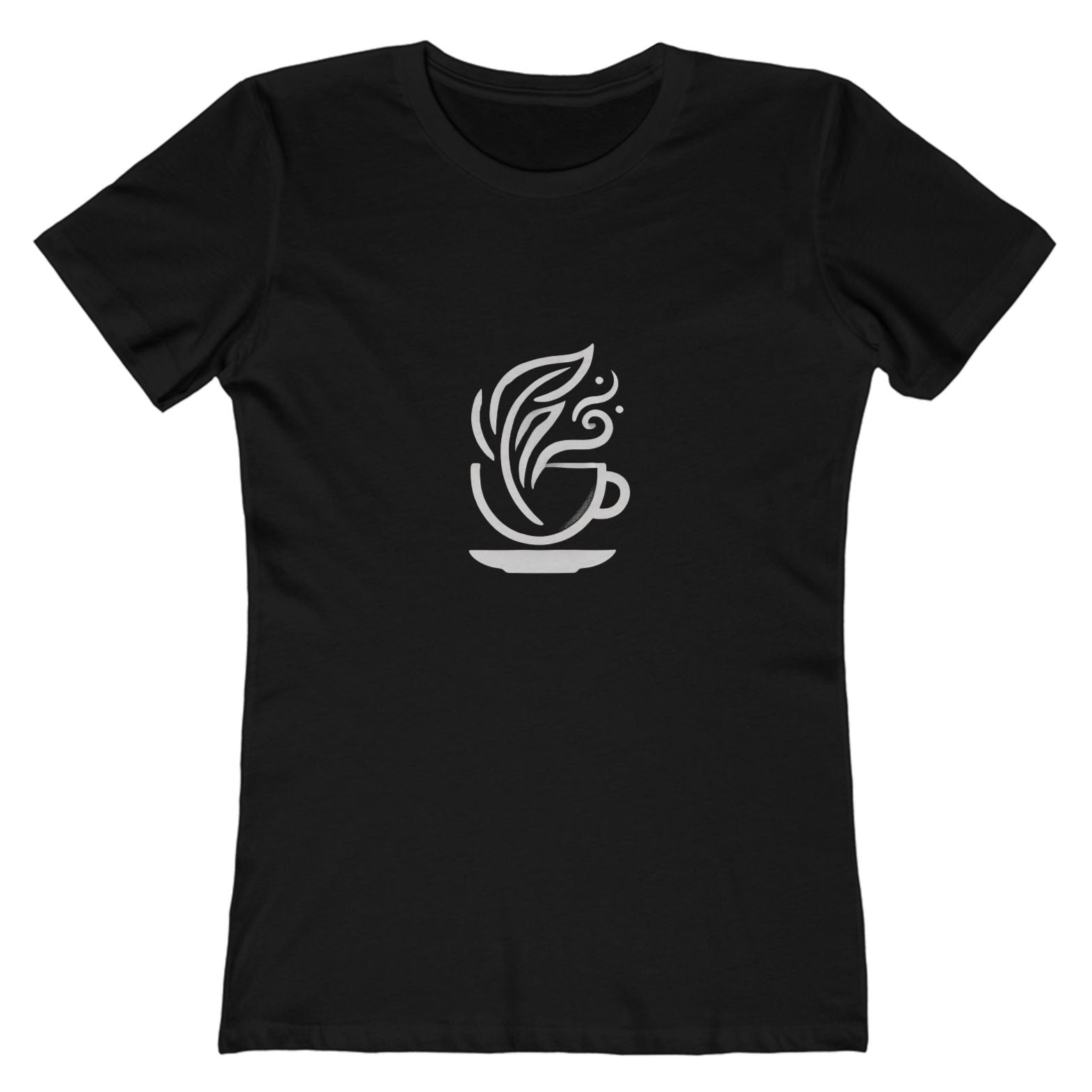 Black-Minimalist coffee cup and leaves design on a Bella+Canvas boyfriend tee