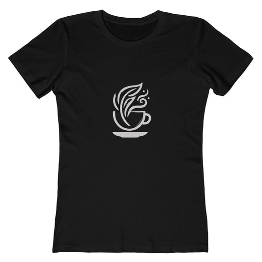 Black-Minimalist coffee cup and leaves design on a Bella+Canvas boyfriend tee