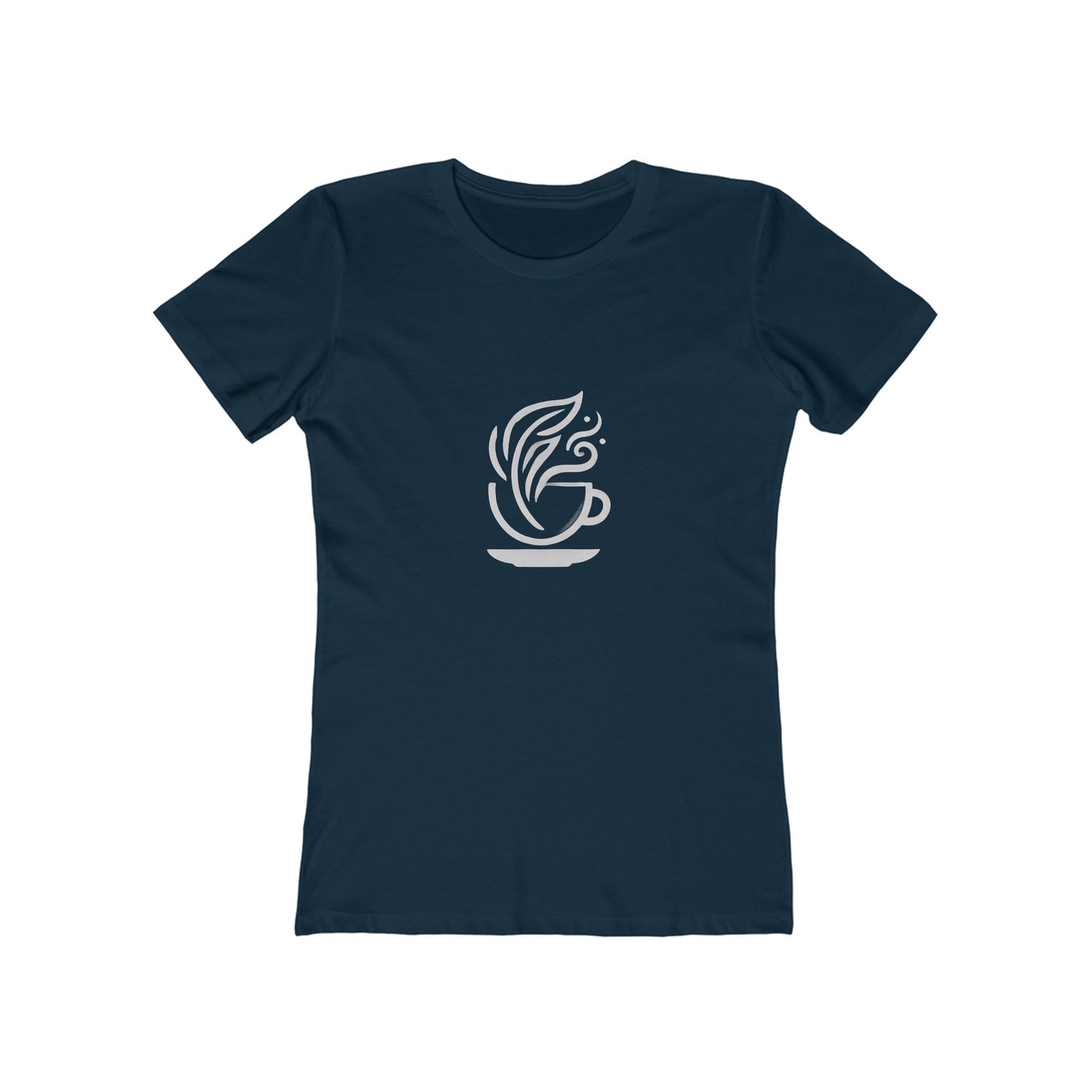 Navy Blue-Minimalist coffee cup and leaves design on a Bella+Canvas boyfriend tee