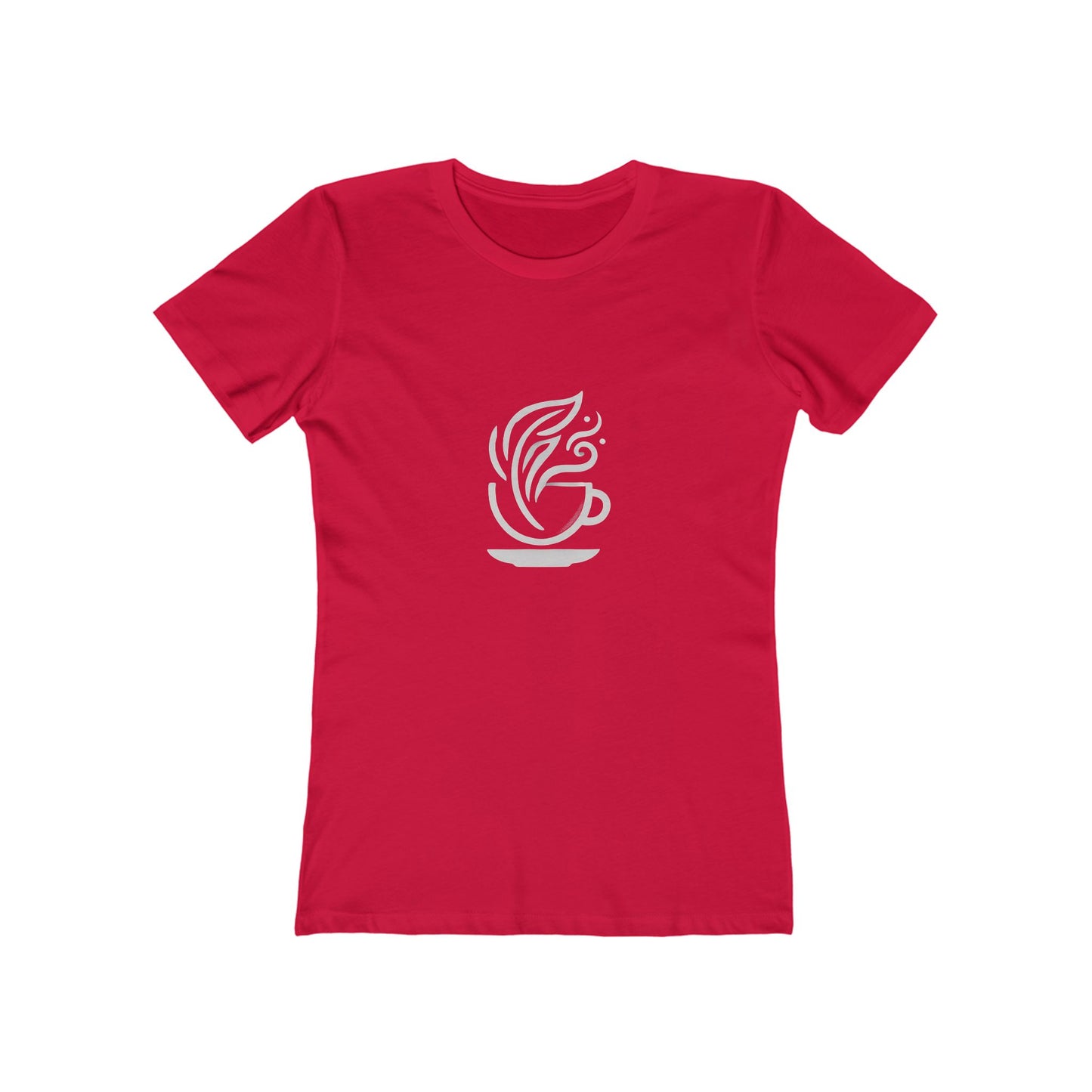Red-Minimalist coffee cup and leaves design on a Bella+Canvas boyfriend tee