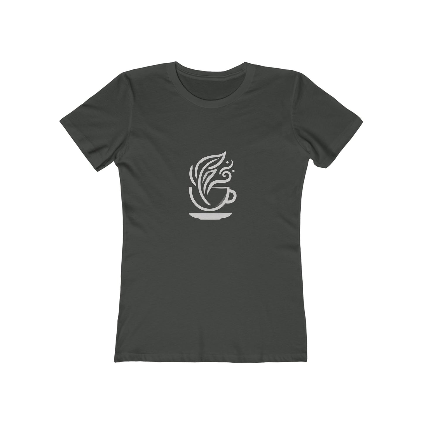 Dark Gray-Minimalist coffee cup and leaves design on a Bella+Canvas boyfriend tee