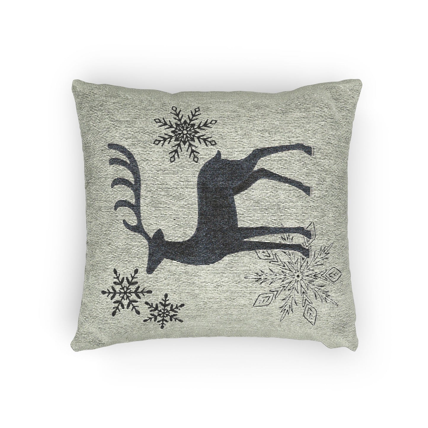 Sage Green Reindeer and Snowflakes Woven Pillow | Holiday Deer Throw Pillow
