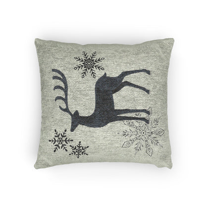 Sage Green Reindeer and Snowflakes Woven Pillow | Holiday Deer Throw Pillow