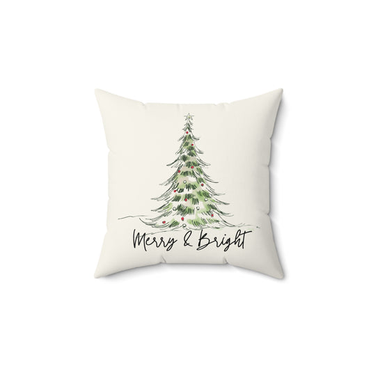 Merry and Bright Christmas  pillow with watercolor evergreen tree for neutral farmhouse holiday decor, removable cover