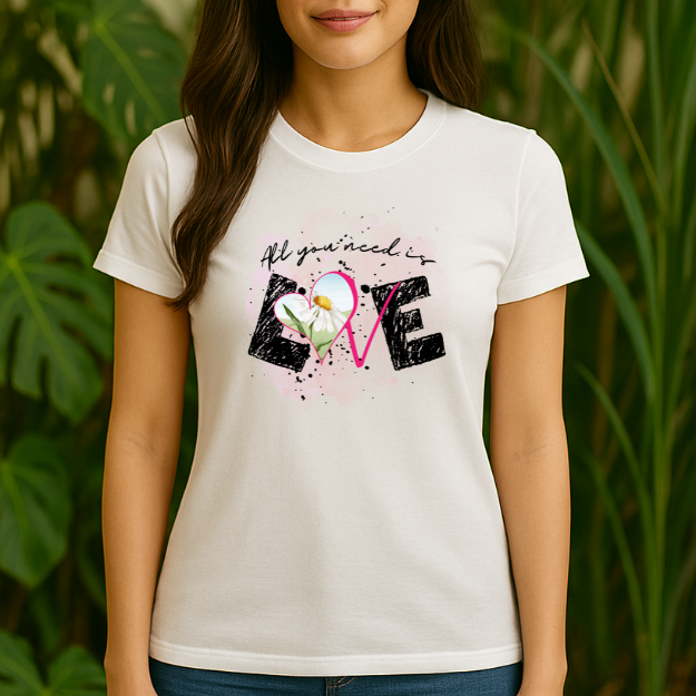 Woman wearing a white “All You Need Is Love” graphic T-shirt with daisy and heart design, standing among green plants; cropped from chin down, showcasing untucked boyfriend-fit shirt and top of blue jeans.