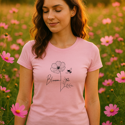 WOMEN'S FAVORITE - Bloom & Bee Minimalist Floral T-Shirt – Women’s Cute Nature-Inspired Tee
