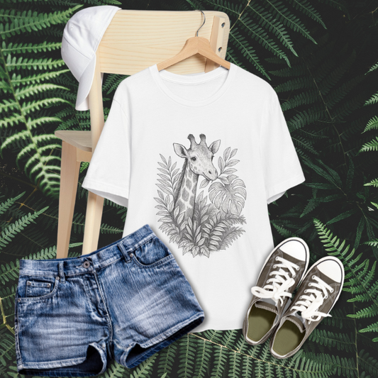 White Bella Canvas 3001 T-shirt featuring a hand-drawn giraffe surrounded by detailed botanical foliage, hanging on a wooden chair with a white baseball cap resting on the backrest in a minimalist studio setting.