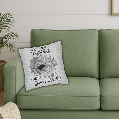 Hello Summer Throw Pillow Cover – Farmhouse Sunflower Decorative Cushion for Couch, Bed, or Patio Decor