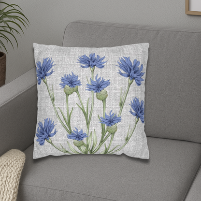 Blue Cornflower Bloom Pillow Cover-Botanical Linen-Style Accent for Couch or Bed