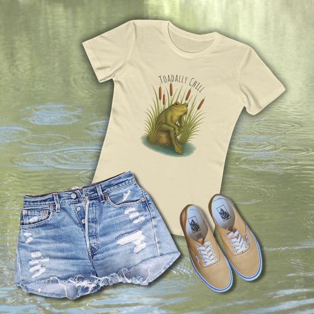 Cream-colored women’s Next Level 3900 boyfriend-fit T-shirt featuring a hand-illustrated green frog lounging by cattails with the phrase “Toadally Chill” above the artwork, displayed on a plain white background.