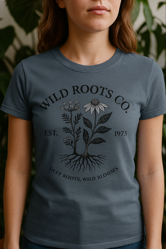 Wild Roots Co. Graphic T-Shirt – Botanical Garden Shirt for Nature Lovers | Deep Roots Wild Blooms | Vintage Plant Tee