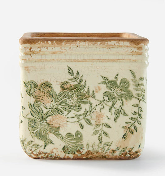 Vintage Stoneware Botanical Planter – Antiqued Square Pot for Timeless Decor